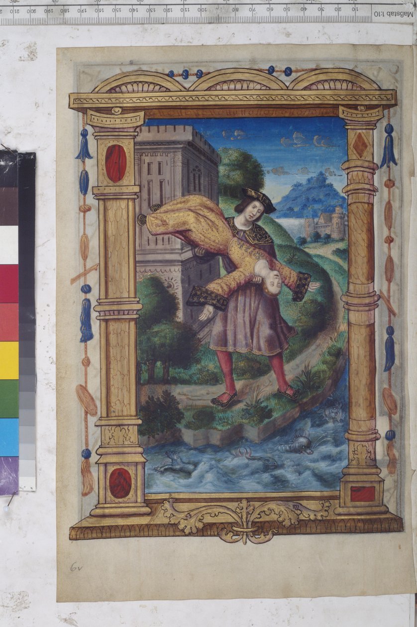 Página inteira: miniatura com moldura arquitetónica: um jovem atira uma mulher ao mar, c.1504-1507 (pintura a têmpera) de Erich Lessing