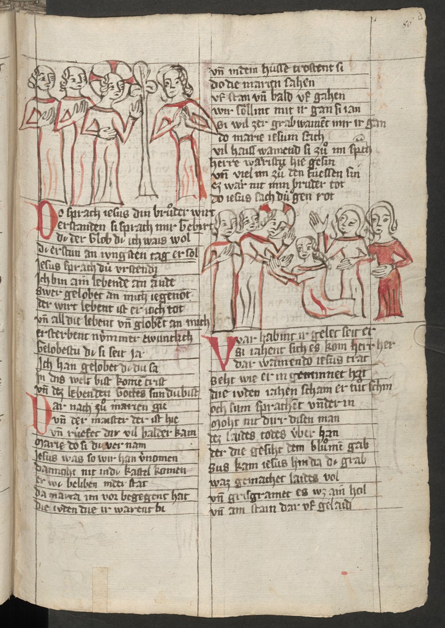 Página inteira: texto com desenho a caneta de cor: Cristo diz a Marta que o seu irmão Lázaro ressuscitará dos mortos (desenho a caneta colorida) de Erich Lessing