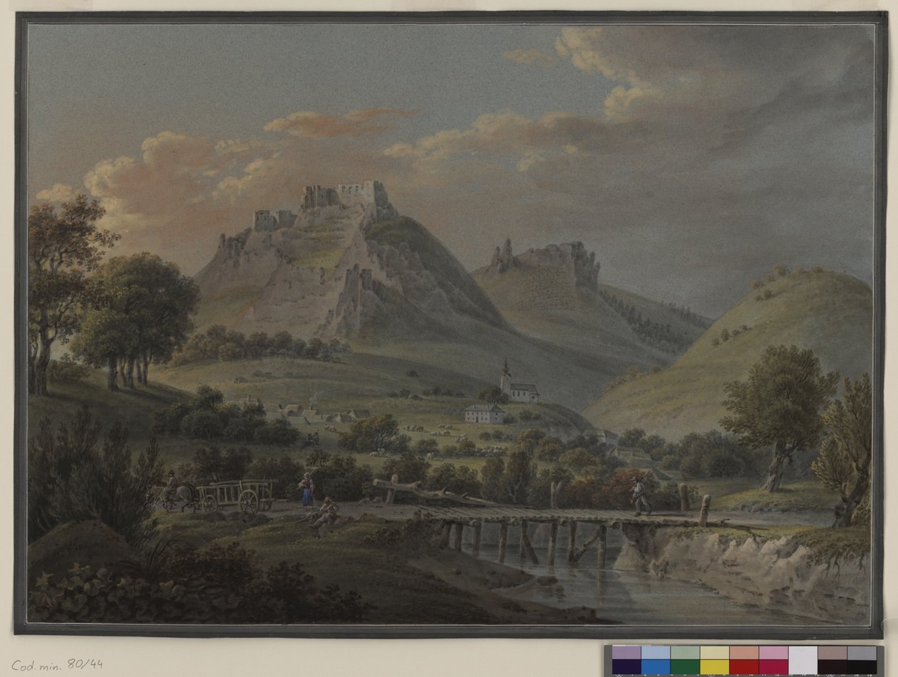 Vista do castelo de Sirok, Hungria, distrito de Heves; guache de Franz Jaschke de Erich Lessing