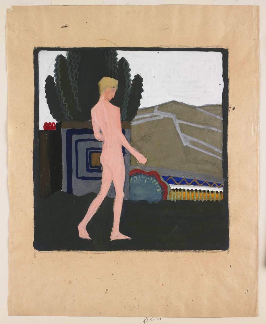 Nu masculino em pé numa paisagem, c.1914 (guache sobre papel) de Erich Mallina