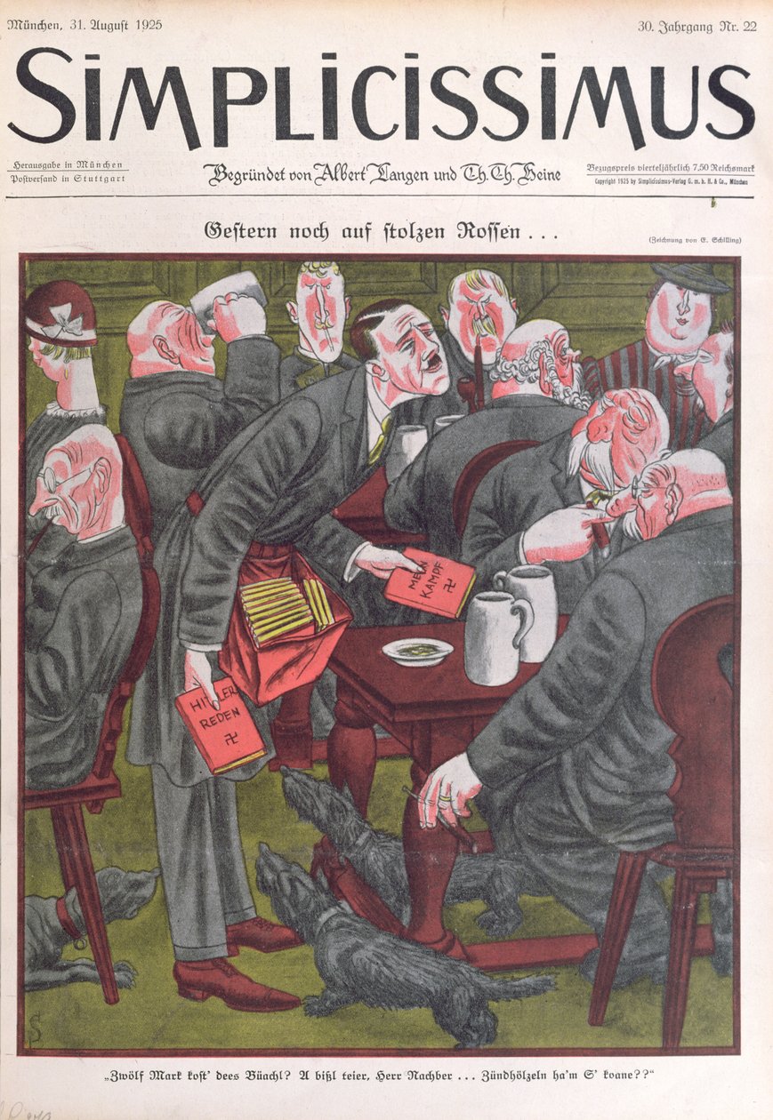Adolf Hitler (1889-1945) a vender exemplares de "Mein Kampf" nos bares de Munique, capa de "Simplicissimus", 25 de agosto de 1925 (litografia a cores) de Erich Schilling