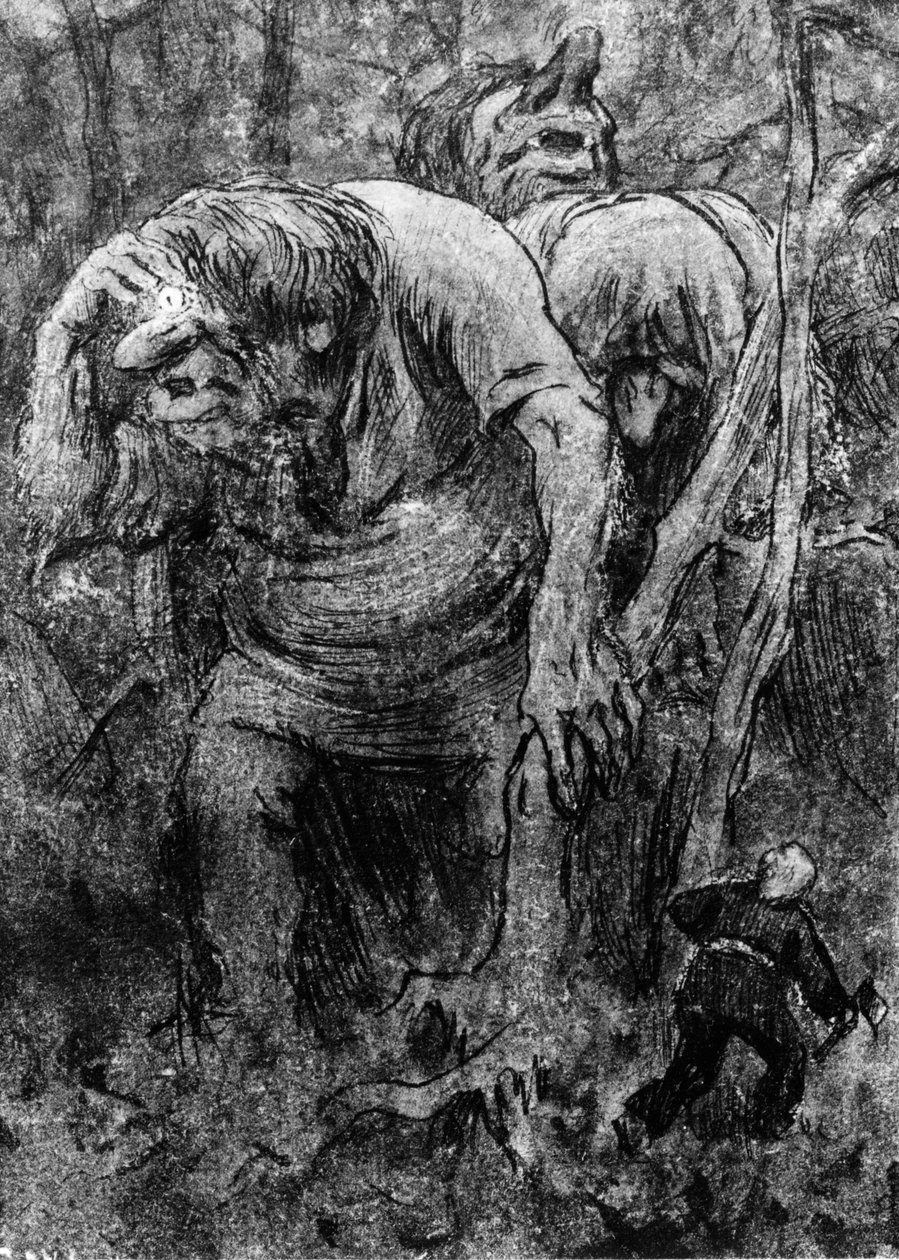 Os meninos encontram os trolls na floresta de Hedals (desenho) de Erik Theodor Werenskiold