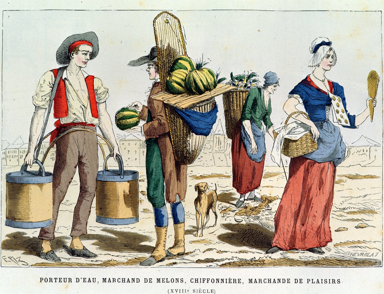 Transportador de água; Vendedor do melão, mulher do Rag-and-Bone e vendedor da confeitaria no século XVIII, dos trajes de Paris a Travers les Siecles ed. Roy, publicado em 1887 (gravura a cores) de Eriz