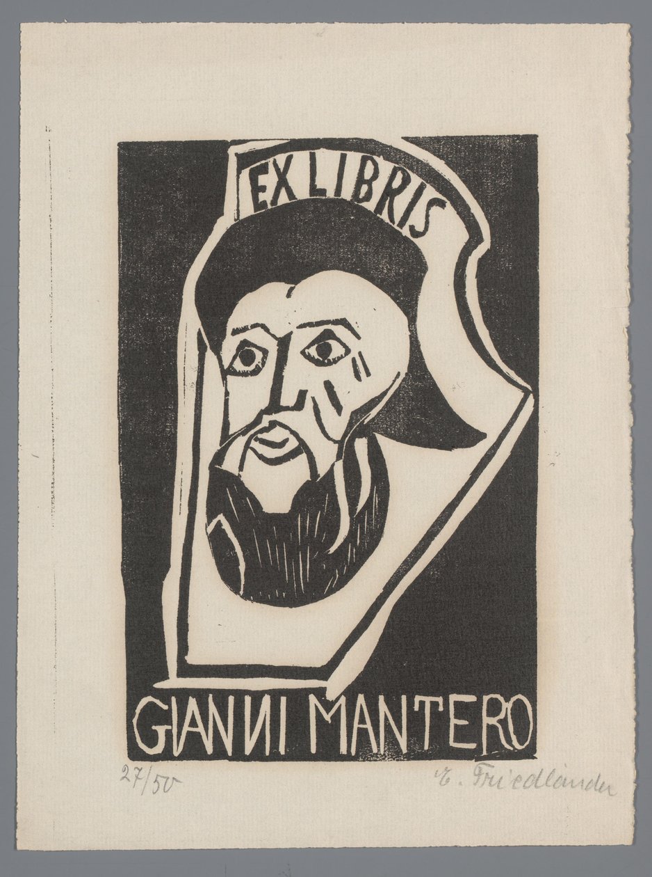 Ex libris van Gianni Mantero de Erna Levy Friedländer (signed by artist)