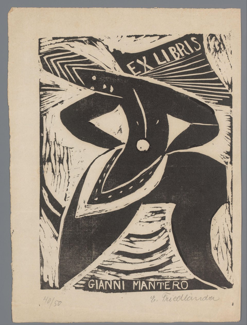 Ex libris van Gianni Mantero de Erna Levy Friedländer (signed by artist)