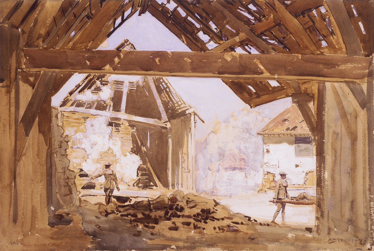 Alerta de gás, 1919 (wc e guache com lápis sobre papel) de Arthur Streeton