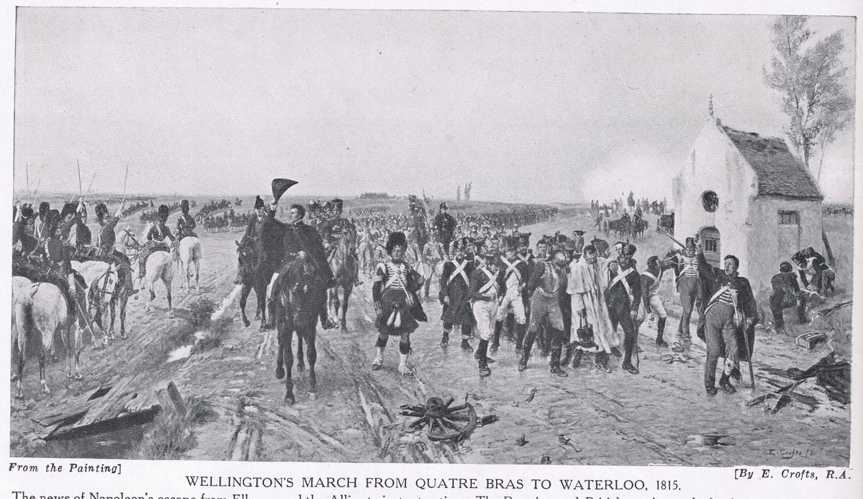 Março de Wellington, de Quatre Bras a Waterloo, 1815, ilustração da "História das Nações de Hutchinson", c.1910 de Ernest Crofts