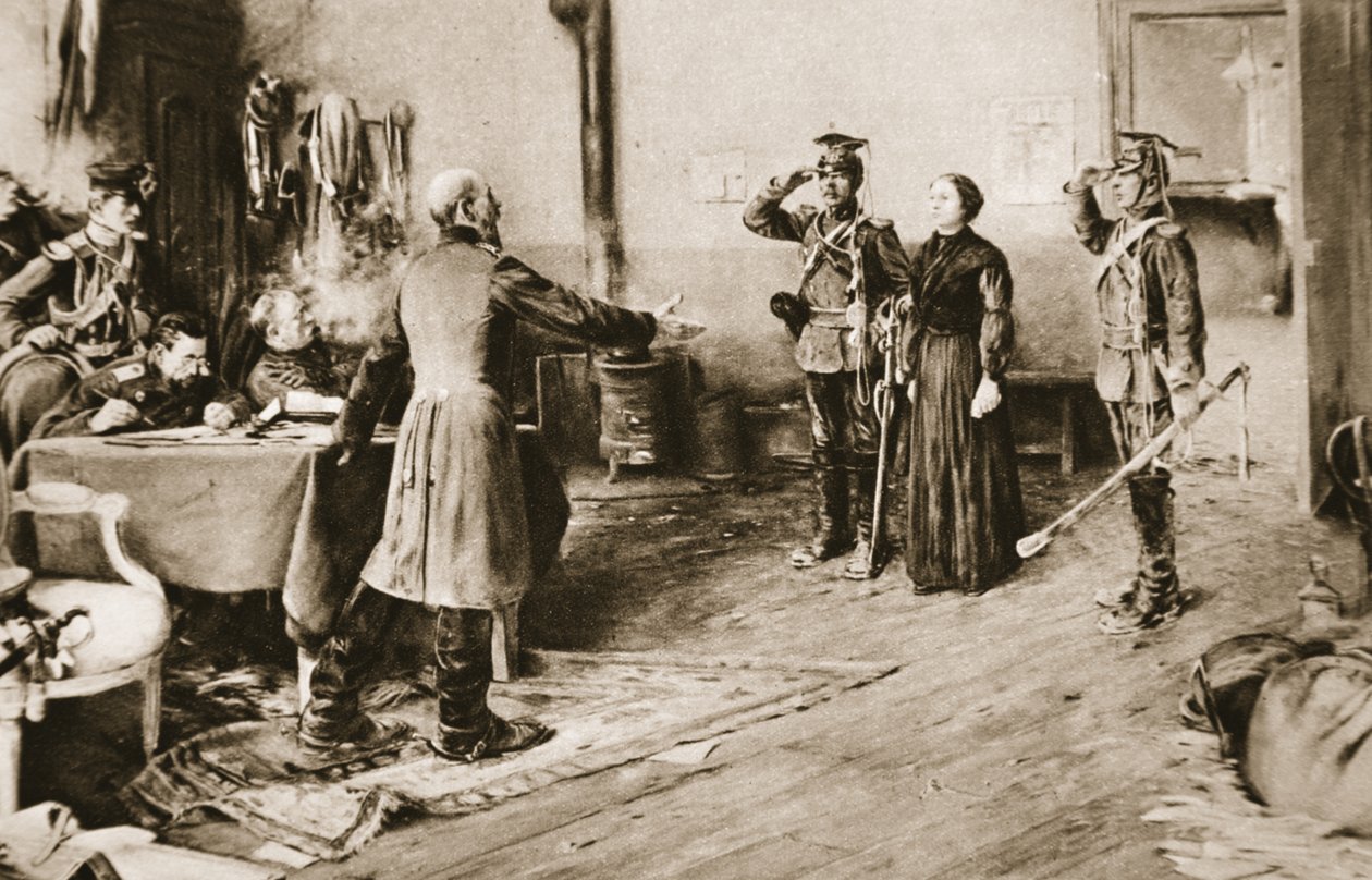 Juliette Dodu é perdoada por sua grande bravura pelo príncipe Frederico Carlos da Prússia em 1870, de &39;The Illustrated War News&39;, 1914 de Ernest Delahaye