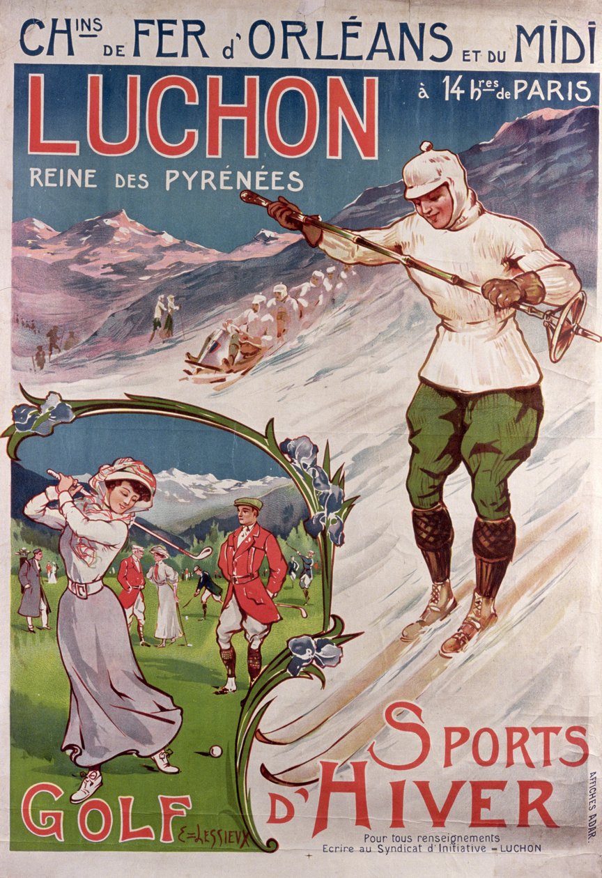 Cartaz que anuncia o recurso de &39;Luchon&39; com o &39;Chemins de Fer d&39;Orleans&39;, 1908 (gravura a cores) de Ernest Louis Lessieux