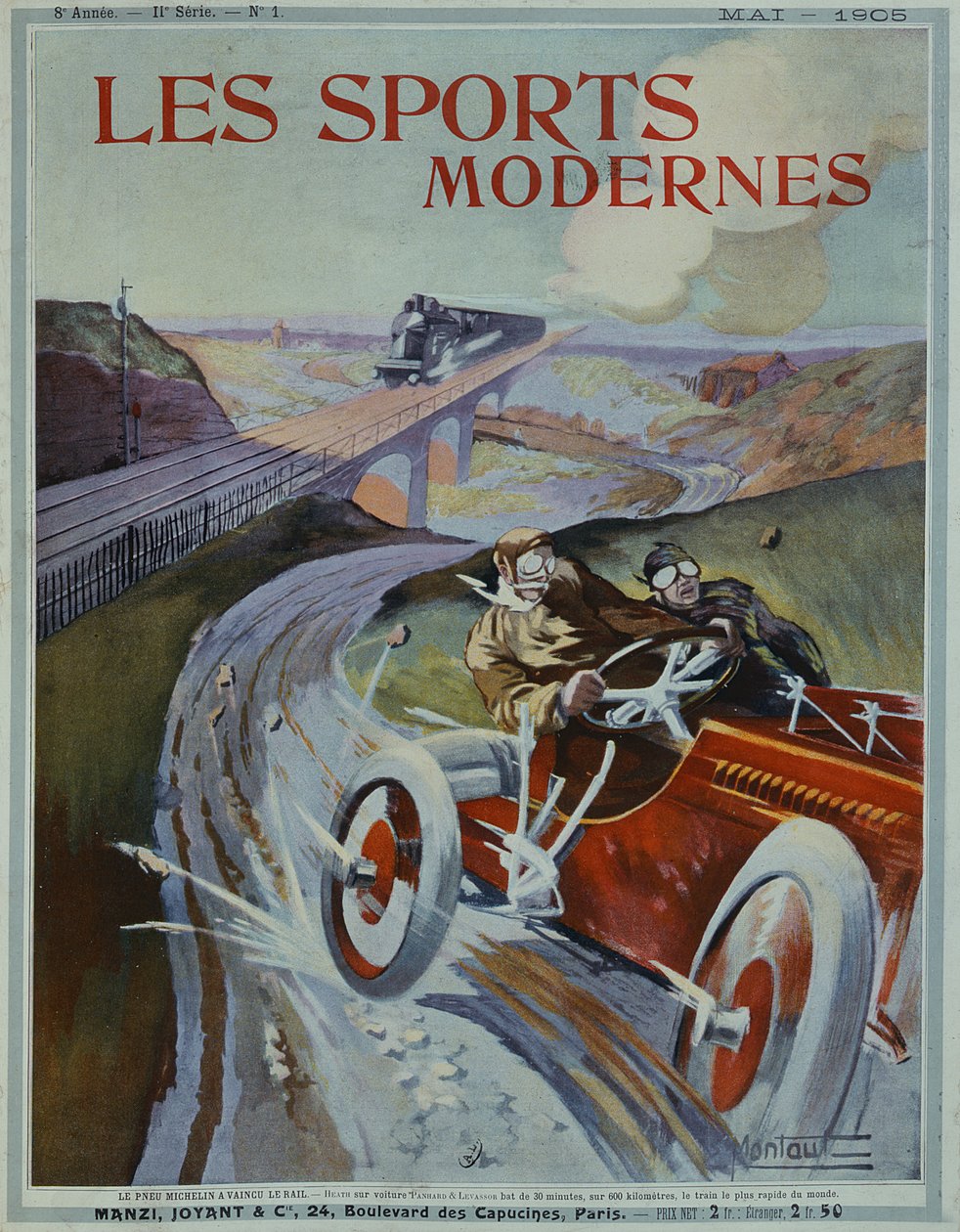 "Os pneus Michelin são mais rápidos que os trilhos!", Capa da revista "Les Sports Modernes", maio de 1905 de Ernest Montaut