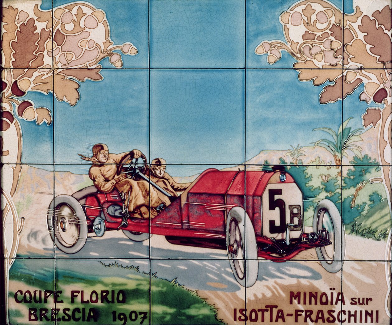 Minoia dirigindo um carro Isotta Fraschini na Copa Florio Brescia de 1907: azulejos fabricados por Gilardoni Fils et Cie de Paris, após um desenho de Ernest Montaut (1877-1909), 1908-10 de Ernest Montaut