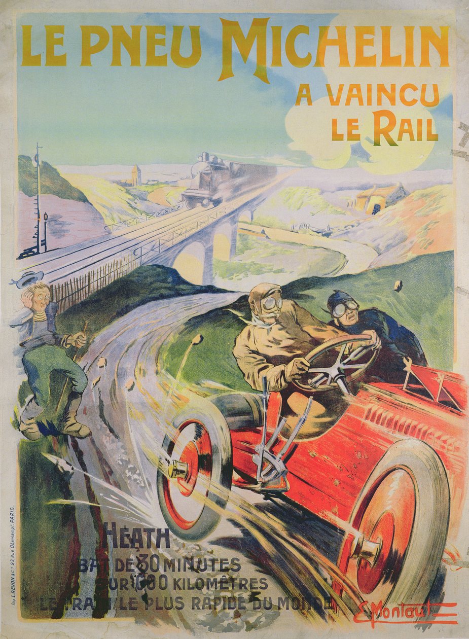 Cartaz publicitário &39;pneus Michelin são mais rápidos que o trilho!&39; de Ernest Montaut