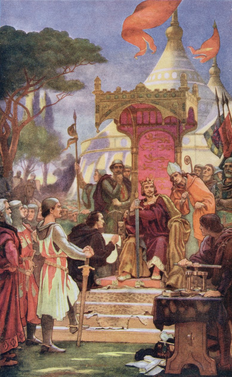 Rei João (1167-1216) na assinatura da Carta Magna, 15 de junho de 1215, ilustração da &39;Hutchinson&39;s Story of the British Nation&39; de Ernest Normand