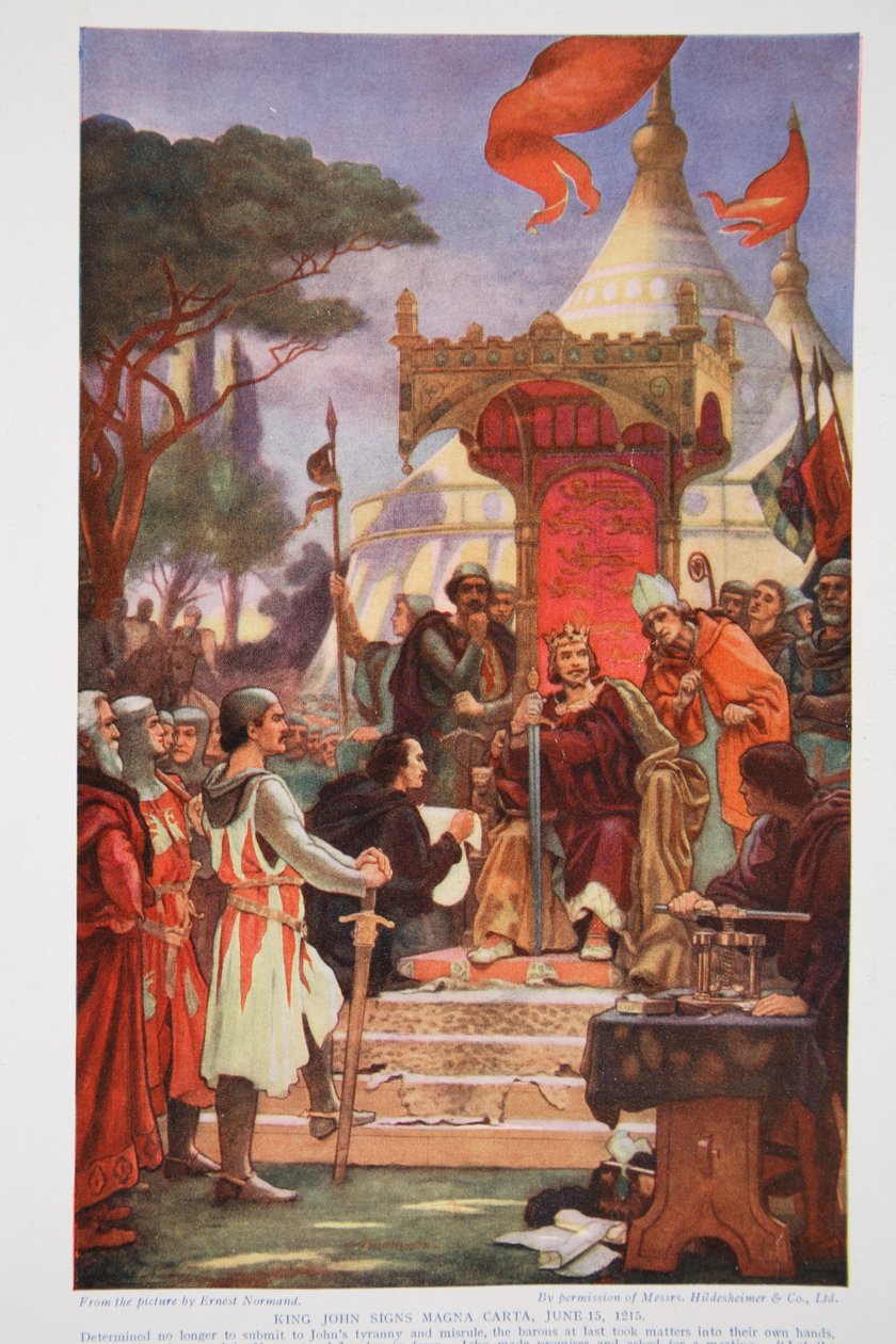 O rei João assina a Magna Carta, em 15 de junho de 1215, ilustração da "Hutchinson&39;s Story ofthe British Nation", c.1923 de Ernest Normand