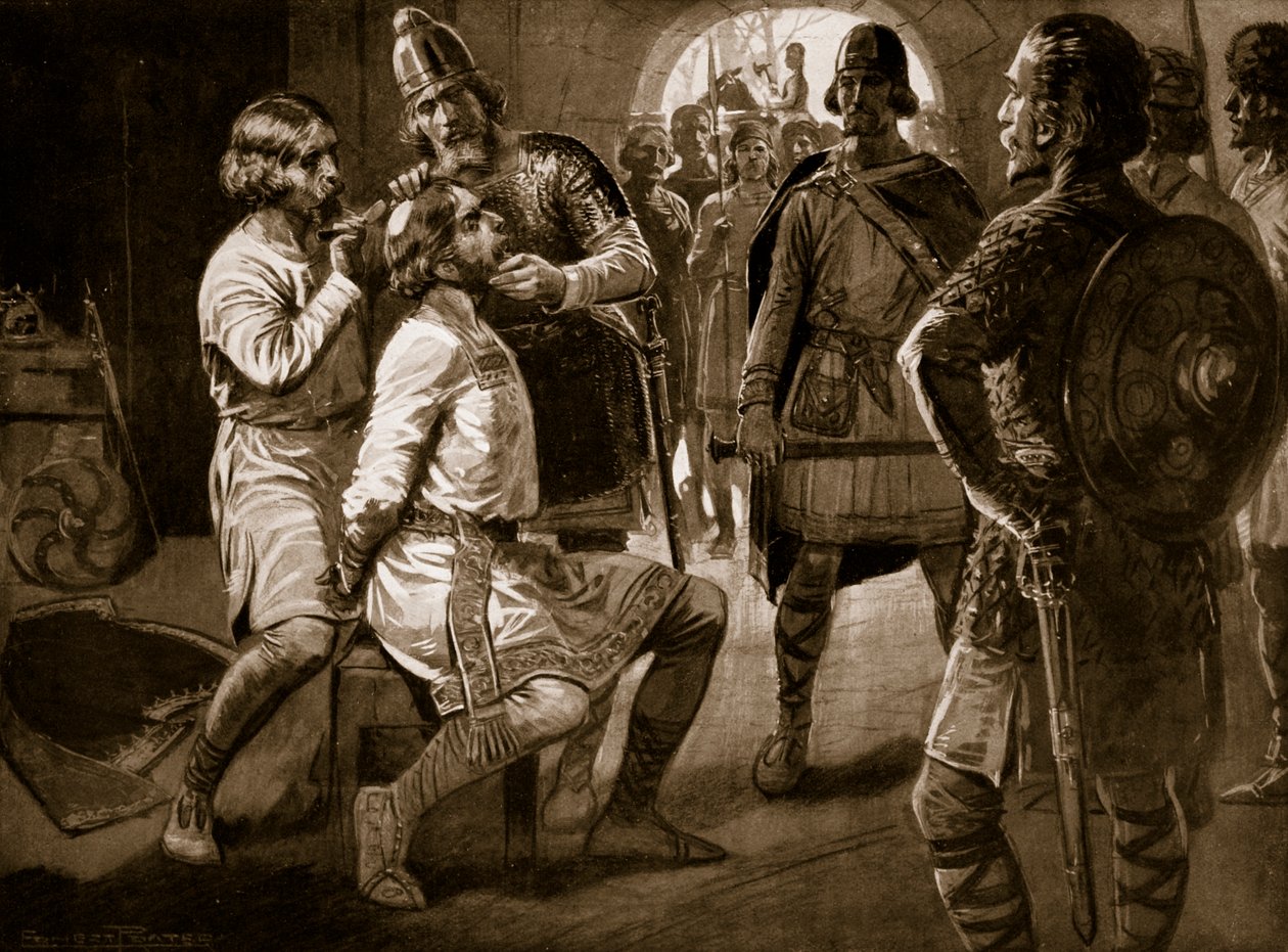 Ceolwulf, rei da Nortúmbria, sendo forçosamente tosquiado, 731, ilustração da "Hutchinson&39;s Story ofthe British Nation", c.1920 de Ernest Prater