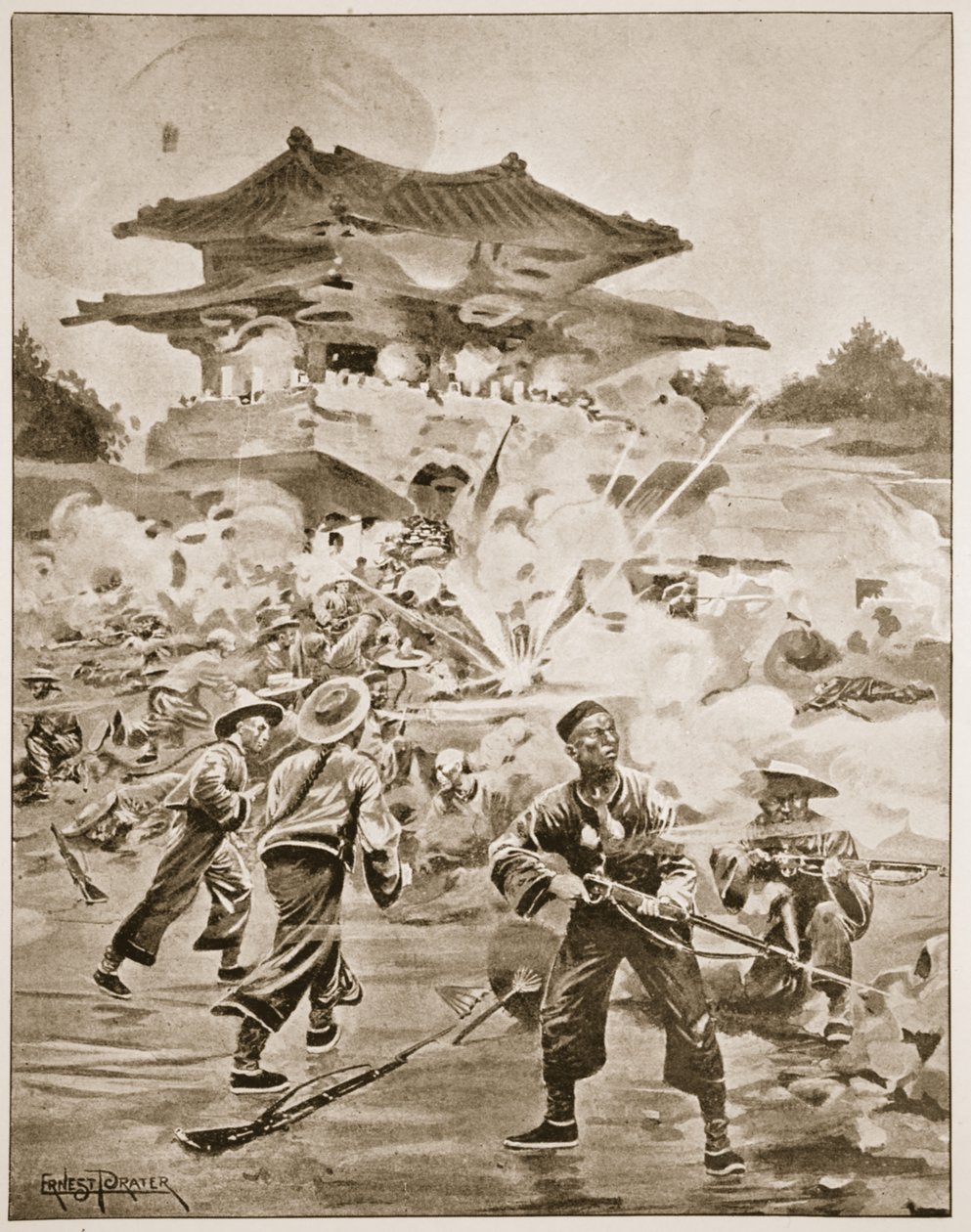 A Guerra Chino-Japonesa, A Batalha de Ping Yang: uma luta pelos fortes periféricos, ilustração de "Battles of the décimo nono século" vol. V: Campanhas dos anos noventa, por A. Hilliard Atteridge (l de Ernest Prater