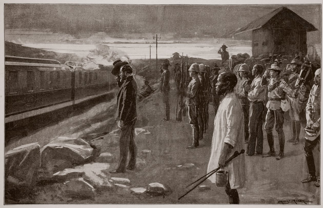 O trem transportando os restos mortais de Rhodes é saudado pelos guardas do Blockhouse a caminho dos montes Matopos de Ernest Prater