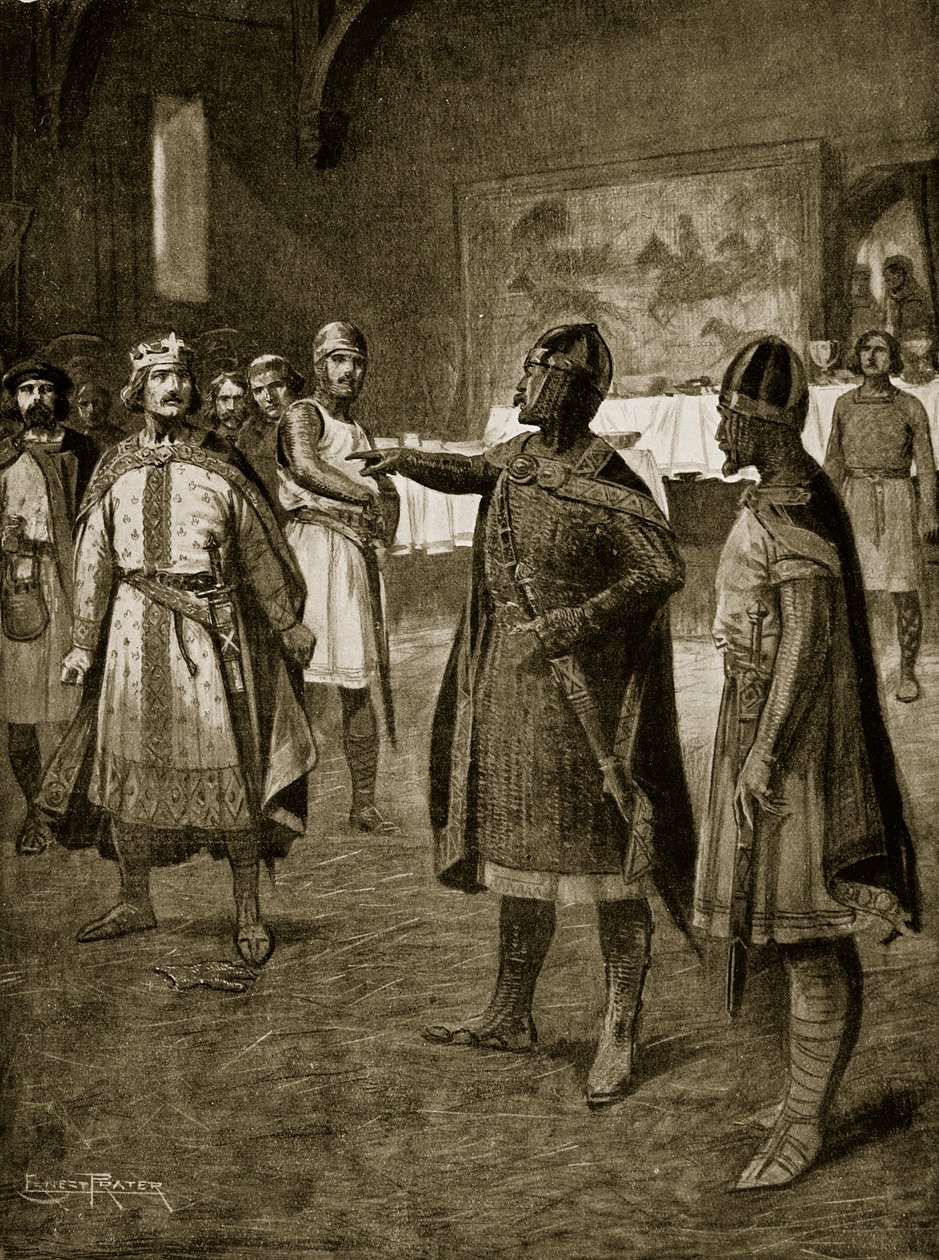 Dois arautos de Robert denunciam Rufus, 1094, ilustração da "História da nação britânica" de Hutchinson, c.1920 de Ernest Prater
