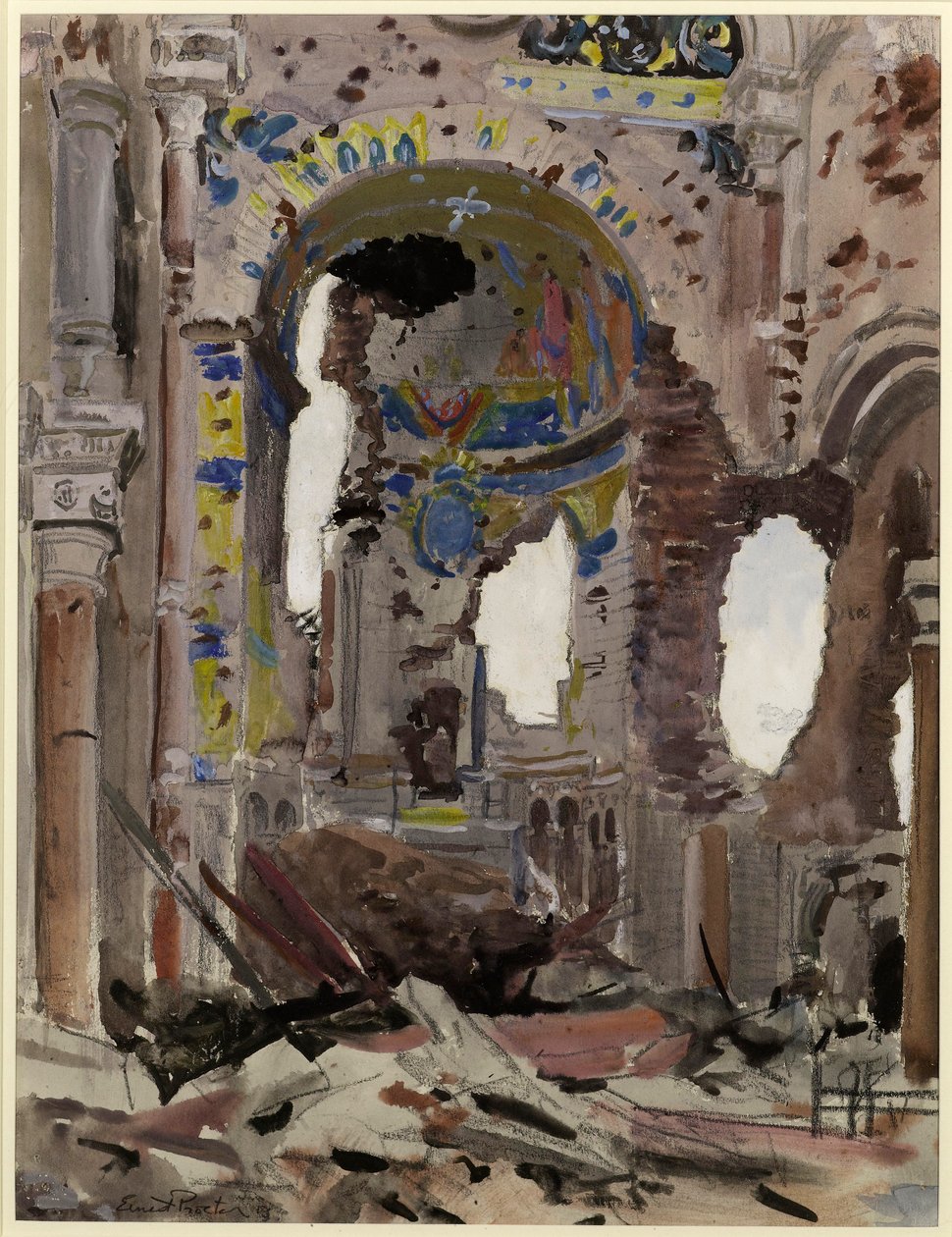 Bombardeado Interior de Albert Church, 1918 (wc no papel) de Ernest Procter
