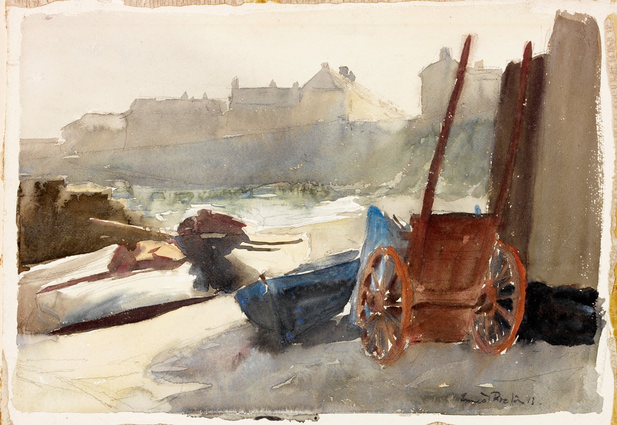 Old Newlyn (lápis e aquarela a bordo) de Ernest Procter