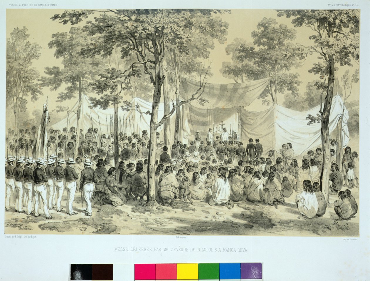 Vista da famosa missa realizada pelo Bispo de Nilópolis em Manga-Reva, de &39;Viagem ao redor do mundo sobre a fragata Vênus, 1836-39&39;, gravada por Bayot, 1841 de Ernest Auguste Goupil