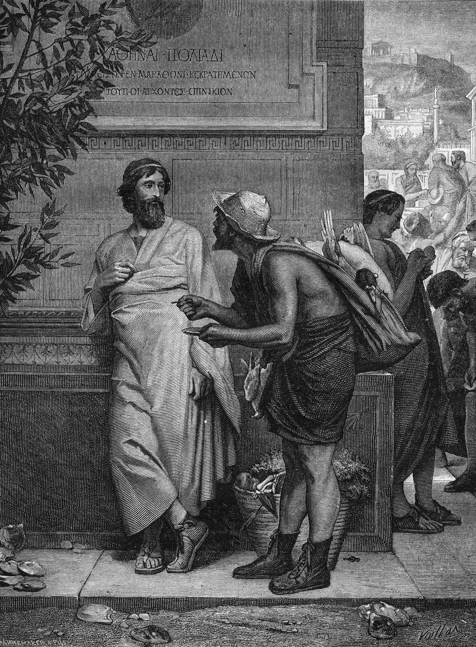 O ostracismo na Grécia antiga: "Aristide e o camponês". Um camponês analfabeto que não reconhece o estadista ateniense Aristide, o Justo, ataca com ostracismo, pede-lhe que escreva o seu nome numa haste. Gravura após a pintura de Eugene Erne de Ernest Hillemacher