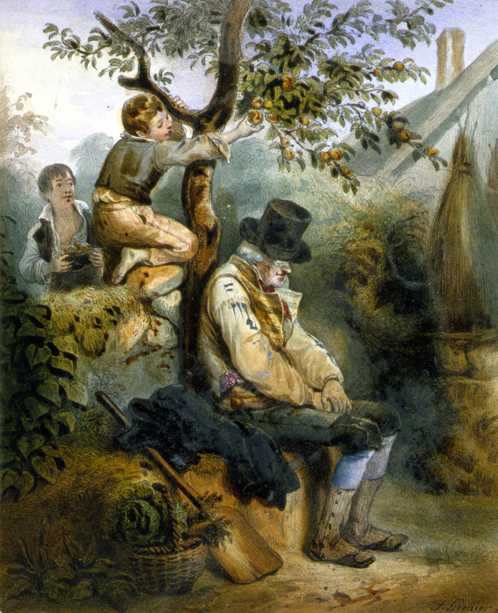 Crianças a roubar maçãs debaixo do nariz do agricultor adormecido - litografia de Grenier, v.1840 de Ernest (after) Grenier