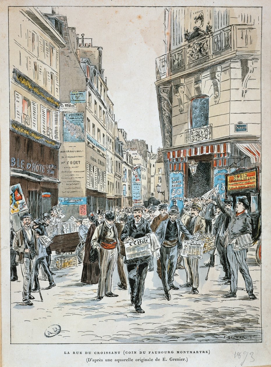 França, Paris, vendedor de jornais na rue du Croissant na esquina da rue du Faubourg Montmartre em Paris por Ernest Grenier, Impressão de aguarela de Ernest (after) Grenier