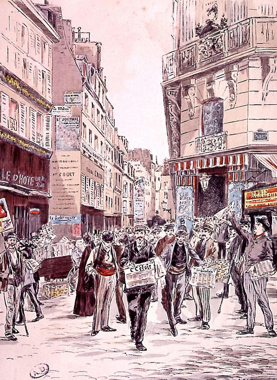 jornalistas nas ruas de Paris em 1893, gravura de Ernest (after) Grenier