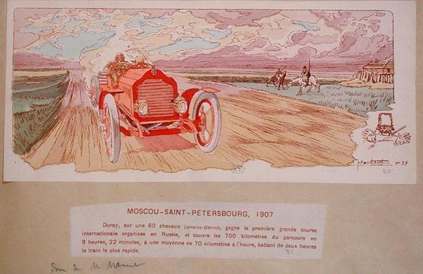 Arthur Duray no seu Lorraine-Dietrich venceu o rally Moscovo-São Petersburgo em 1907, c.1910 (cor litho) de Ernest (after) Montaut