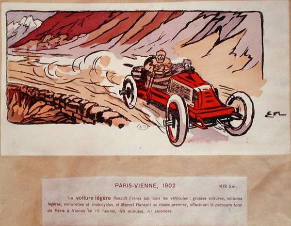 Marcel Renault (1872-1903) no seu Renault Freres competindo no rali Paris-Viena em 1902, c.1910 (cor litho) de Ernest (after) Montaut