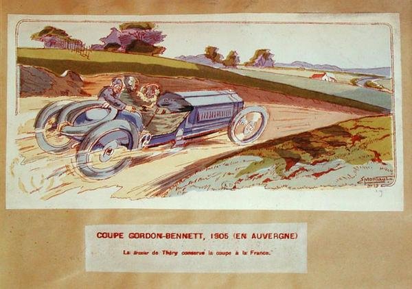 O carro Richard-Brasier conduzido por Leon Thery durante a corrida Gordon-Bennett no Auvergne em 1905, c.1910 (cor litho) de Ernest (after) Montaut