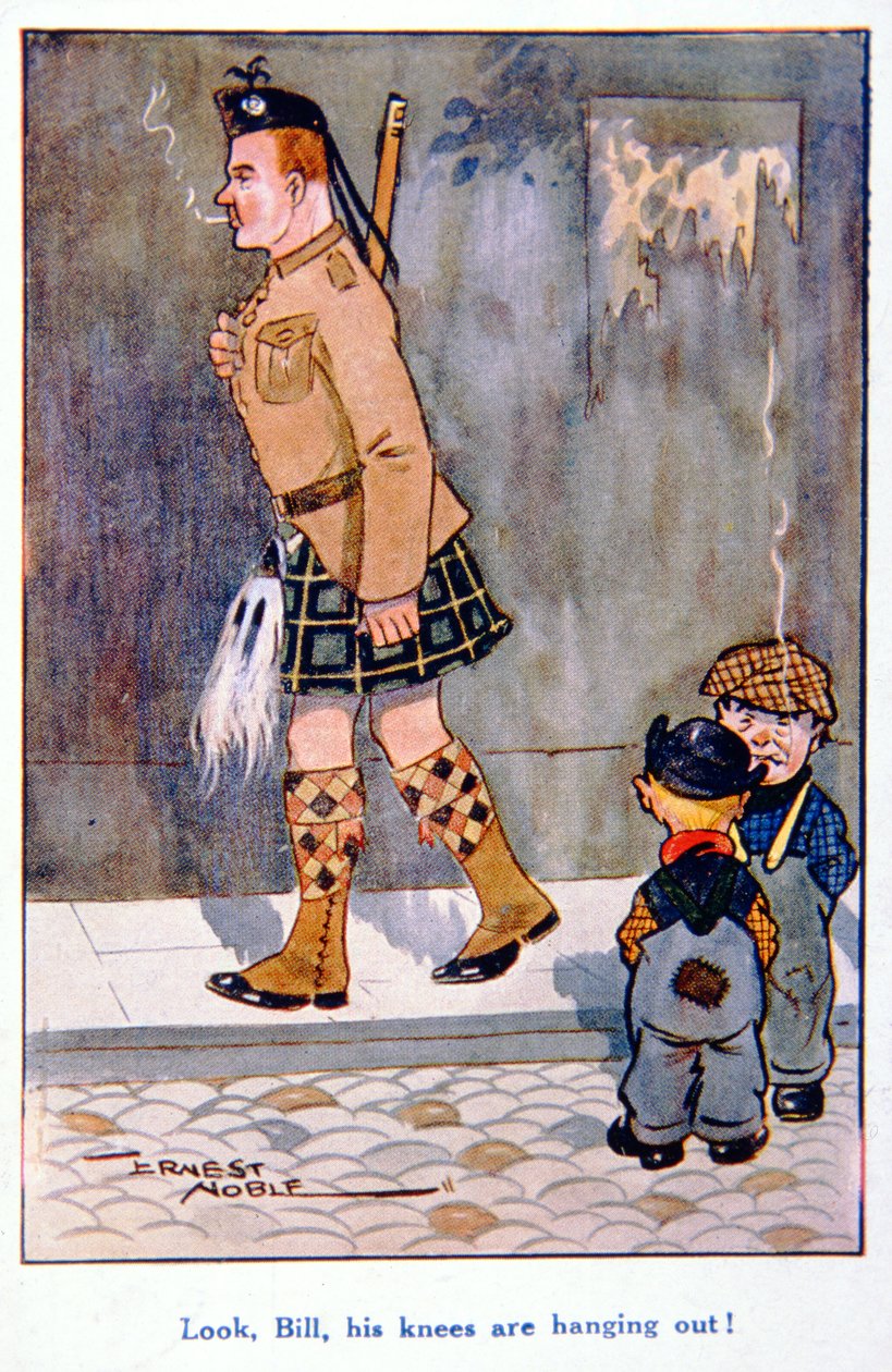 "Olha, Bill, os joelhos dele estão pendurados!", cartão postal britânico da Primeira Guerra Mundial. de Ernest (after) Noble