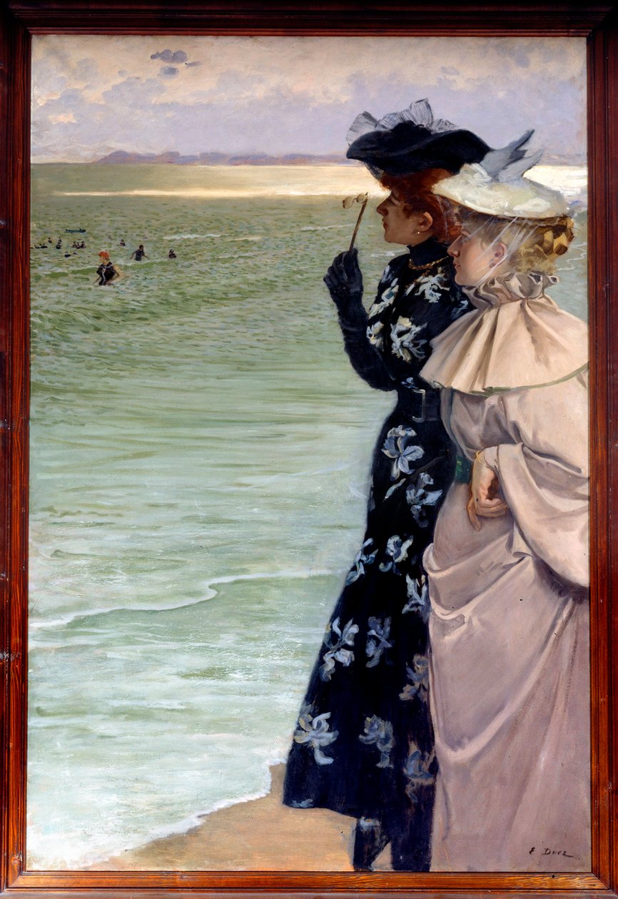 Lindo período: "Hora do banho junto ao mar" Duas mulheres em terra a examinar os banhistas em binóculo. Pintura de Ernest Ange Duez (1843-1896) 1896 Sol. 1,06x1,6 m Rouen, musee des Beaux Arts - Belle epoque: "Hora do banho à beira-mar" Duas mulheres na b de Ernest Ange Duez