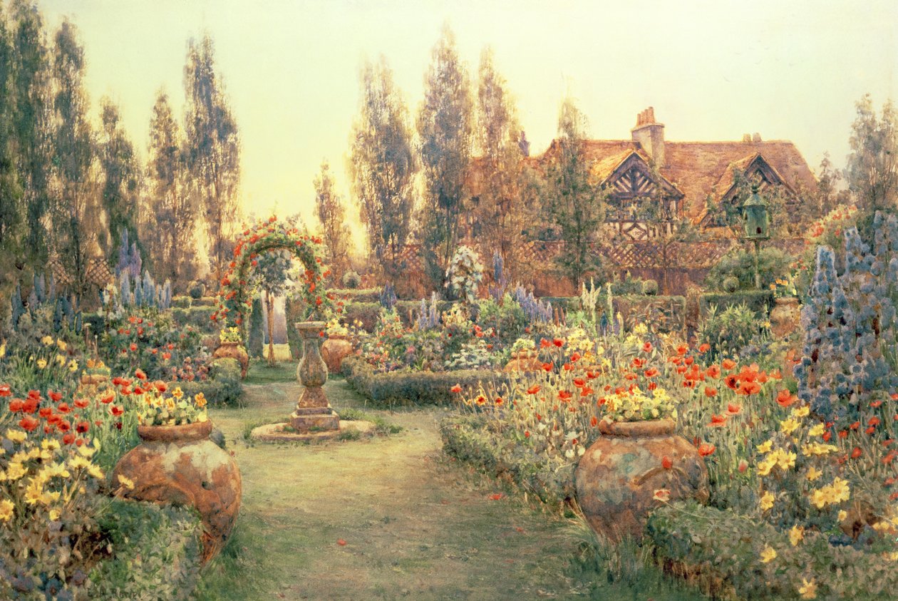 Vista, de, um, casa rural, e, jardim de Ernest Arthur Rowe