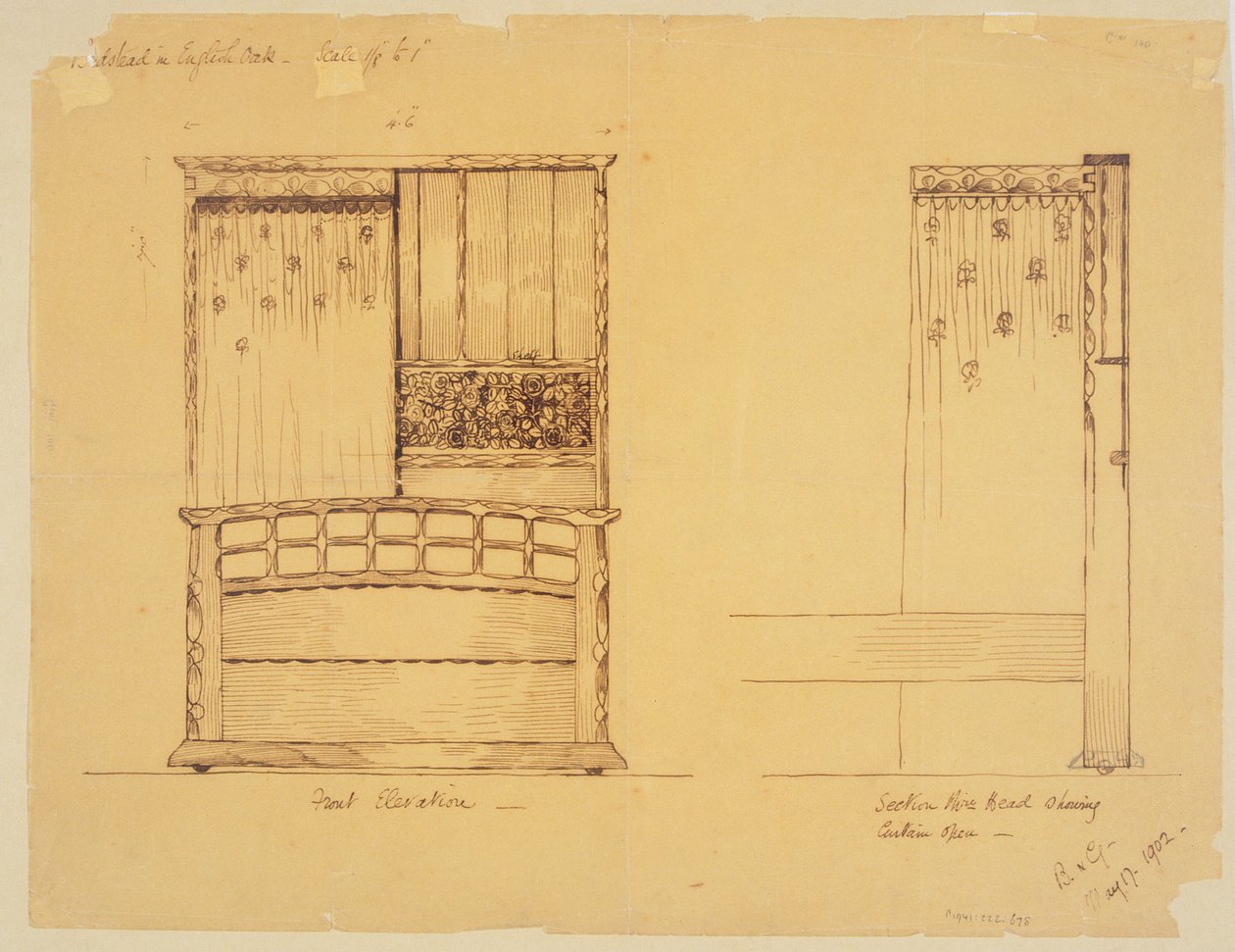 Design para uma cama em carvalho inglês, 1902 de Ernest Barnsley