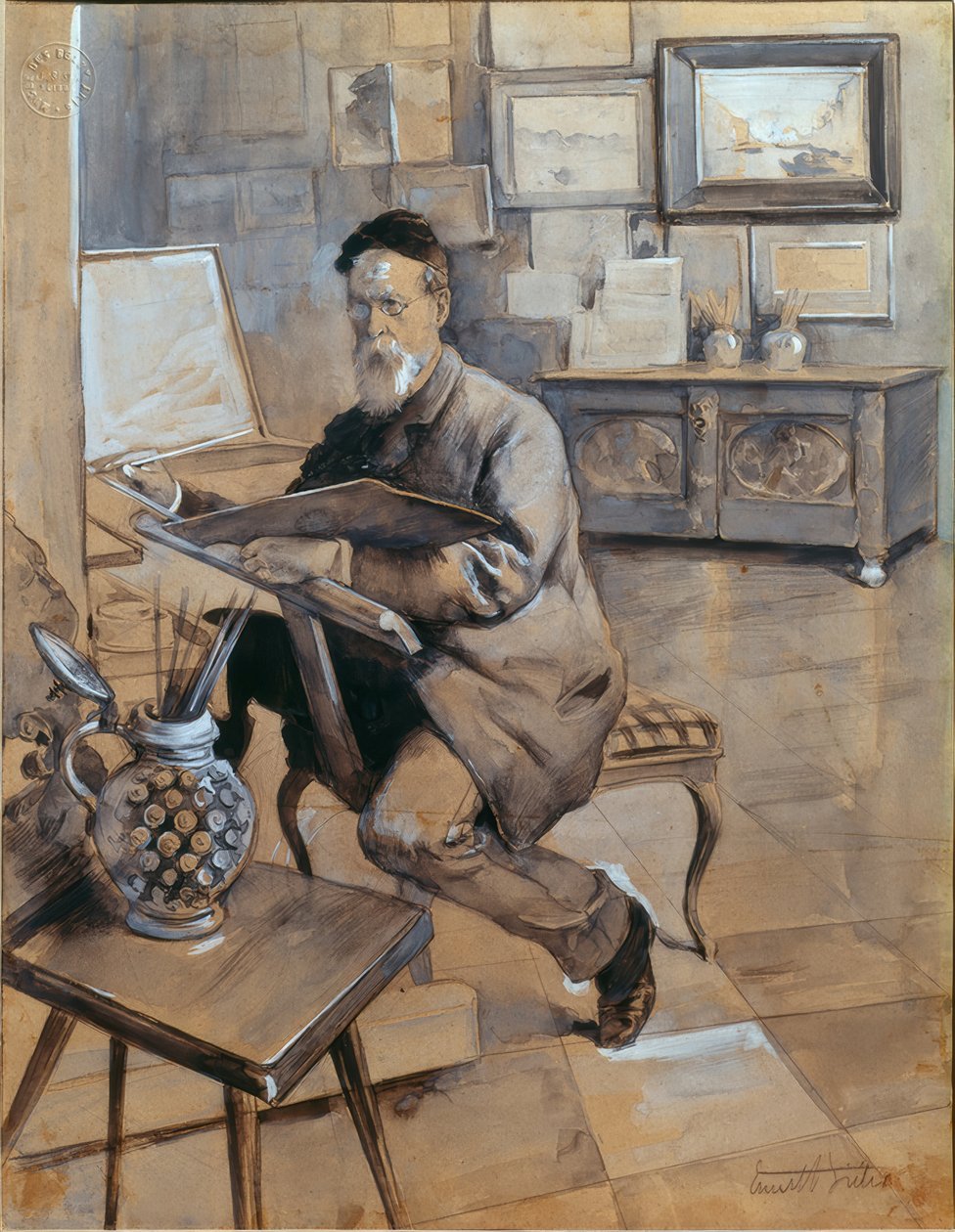 O pintor Bocion no seu estúdio de Ernest Bieler