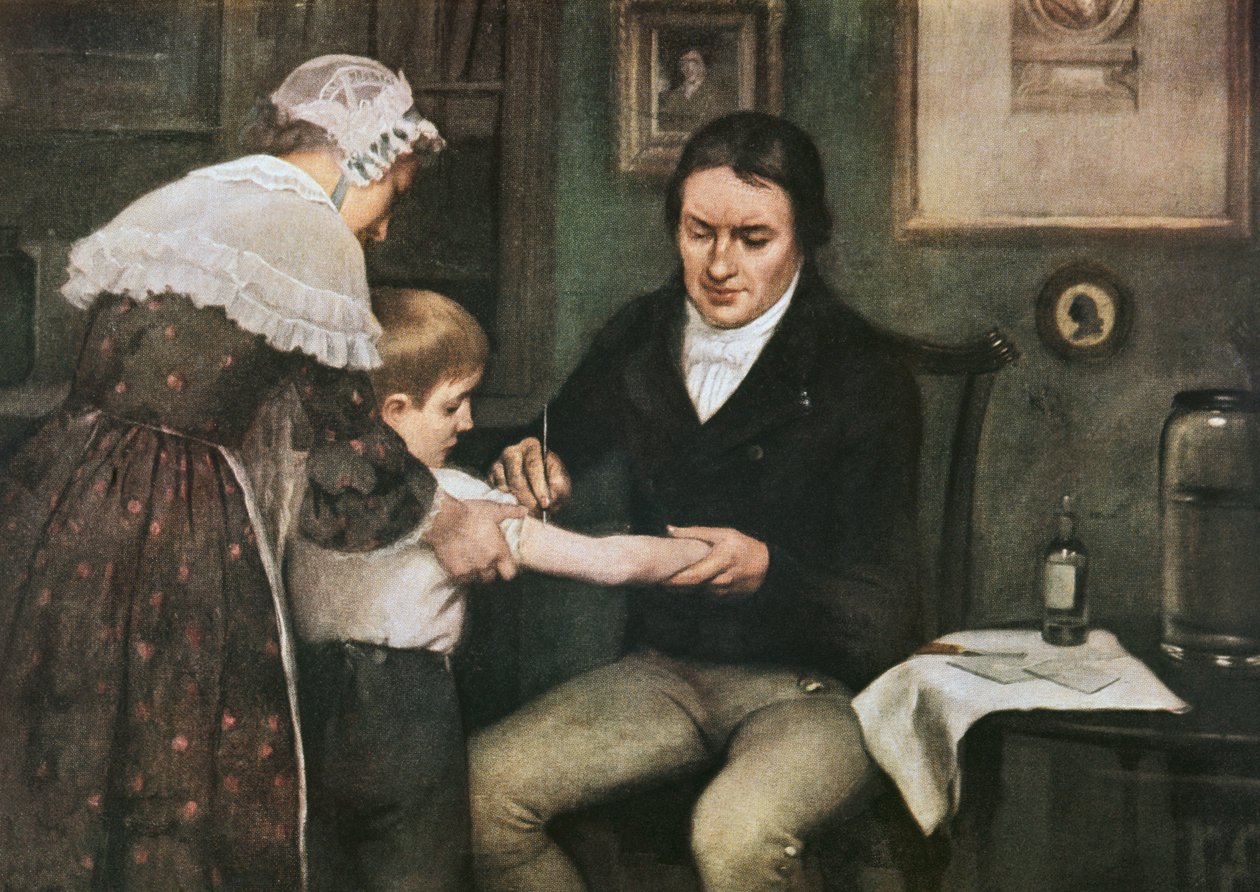 Dr. Edward Jenner (1749-1823) realizando a sua primeira vacinação contra a varíola em James Phipps, rapaz de oito anos, 14 de Maio de Ernest Board