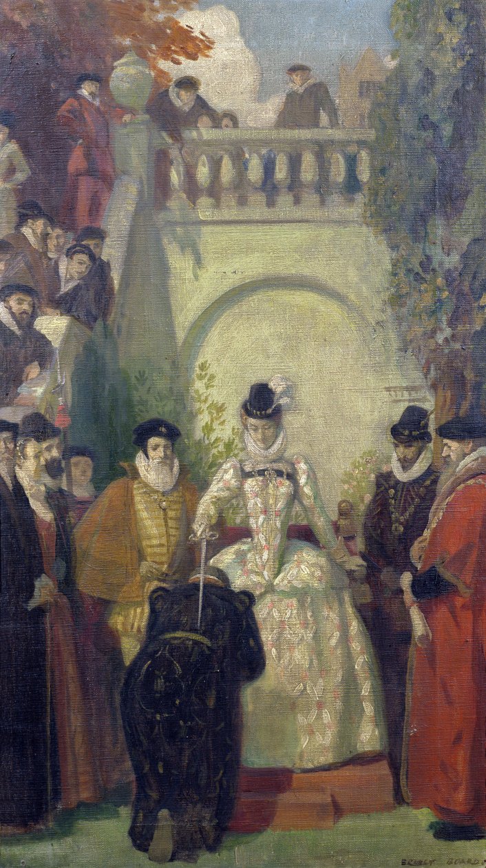 Rainha Elizabeth I cavaleiro Sir John Young nos degraus de sua propriedade, The Great House, Bristol, 1910-20 de Ernest Board