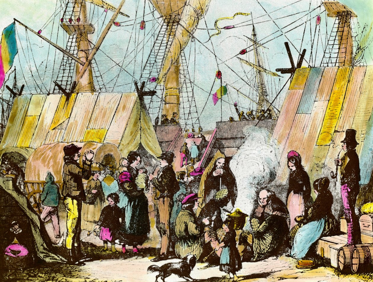 Famílias de emigrantes campeões no porto de Le Havre. Gravura de Ernest Charton (1813-1905) Gravura da Coleção Privada do século XIX de Ernest Charton