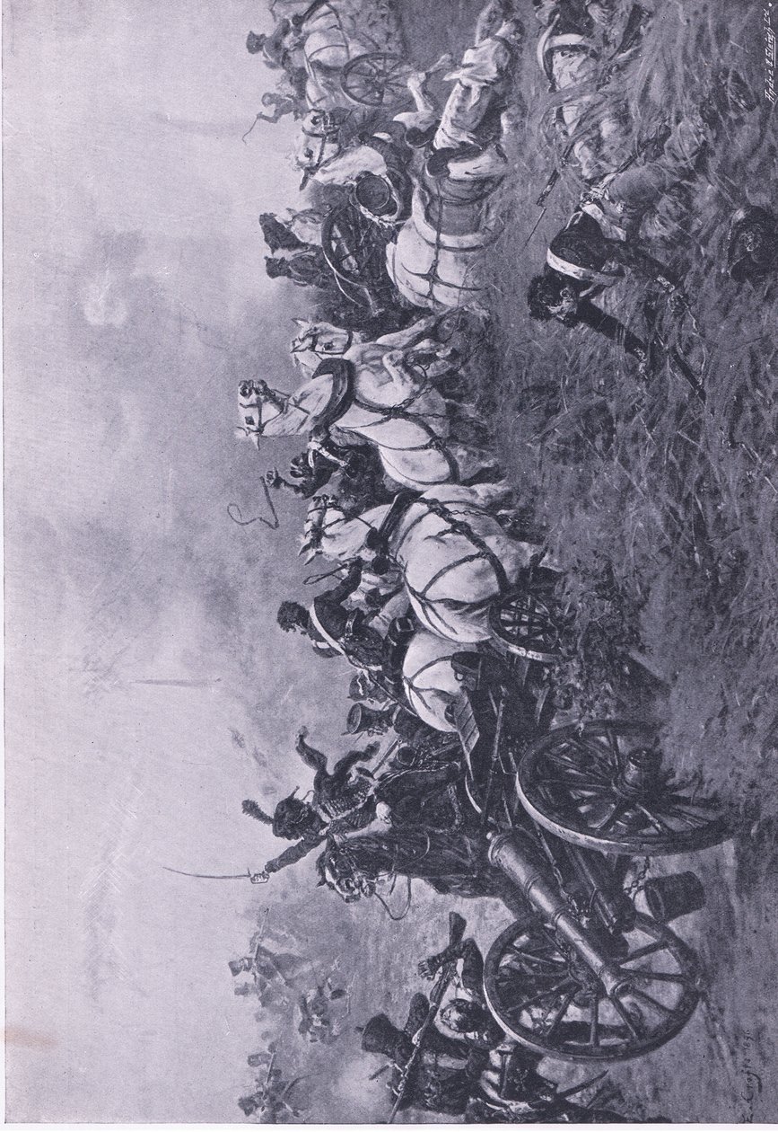 Captura da bateria francesa pelo 52º Regimento de Infantaria da Oxfordshire Light em Waterloo 18 de junho de 1815, ilustração das Batalhas Britânicas na Terra e no Mar, 1915 de Ernest Crofts
