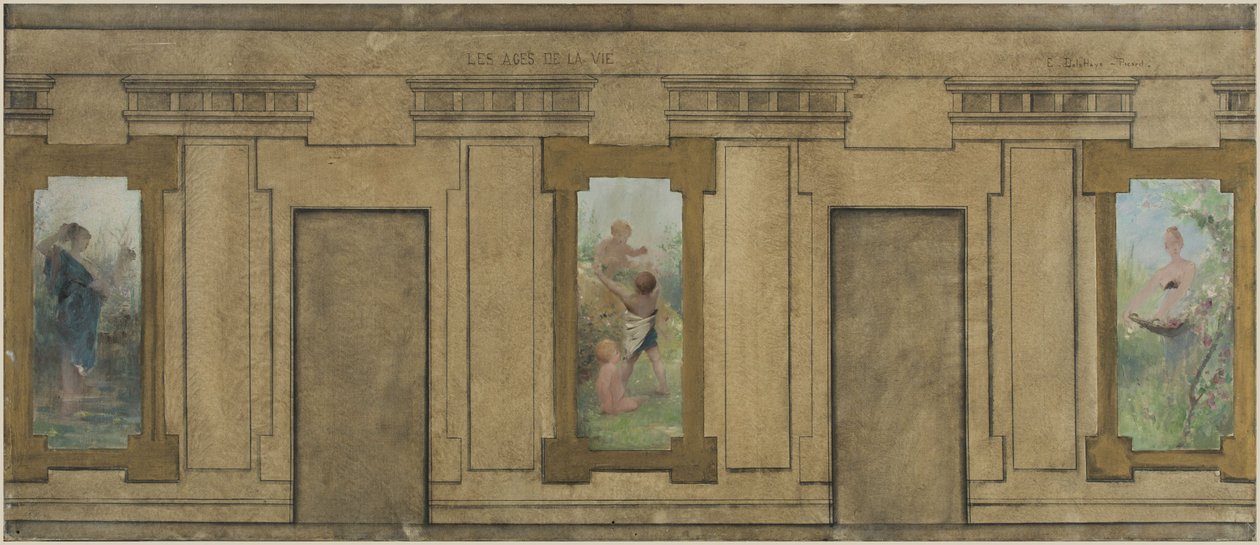 Esboço da Câmara Municipal de Courbevoie: As idades da vida. A juventude. A infância. Juventude, em 1884 (óleo sobre tinta preta sobre tela) de Ernest Delahaye