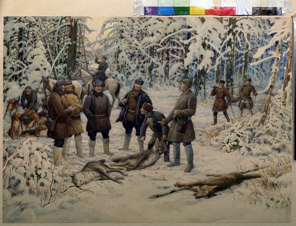 Depois de uma Caça bem sucedida. Grupos de caçadores reúnem a caça (lobos) ao sinal de um cavaleiro a soprar uma buzina. Pintura de Ernest Ernestovich Lissner (1874-1941), óleo sobre tela de Ernest Ernestovich Lissner