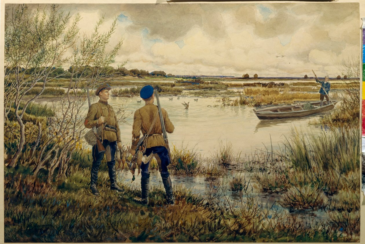 Regresso da caça - (caçadores com o seu equipamento, de pé na margem de um lago, à espera de um companheiro de barco, encarregado de recuperar a caça, patos) - Trabalho de Ernest Ernestovich Lissner (1874-1941), aq de Ernest Ernestovich Lissner