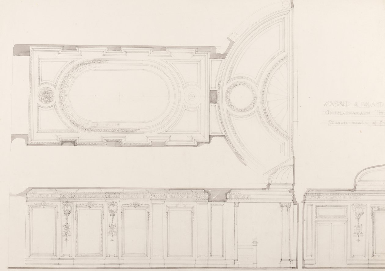 Projectos para o interior do Oxford and Poland Street Cinematograph Theatre: Teto do auditório e parede do fundo, c.1910 (lápis sobre papel) de Ernest George William Souster