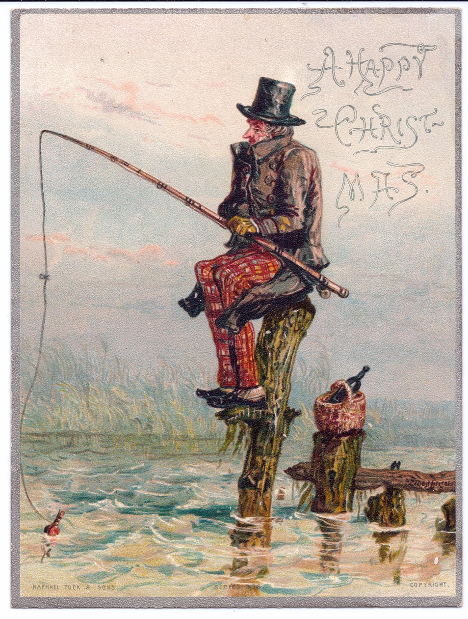 Um cartão de Natal do Victorian de um homem vitoriano que senta-se em uma pesca do coto de árvore, c.1880 de Ernest Henry Griset
