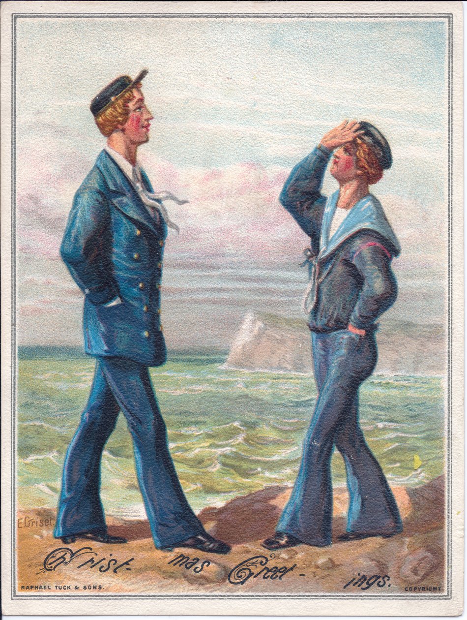 Um cartão de Natal vitoriano de dois marinheiros andando pelo oceano, c.1880 de Ernest Henry Griset