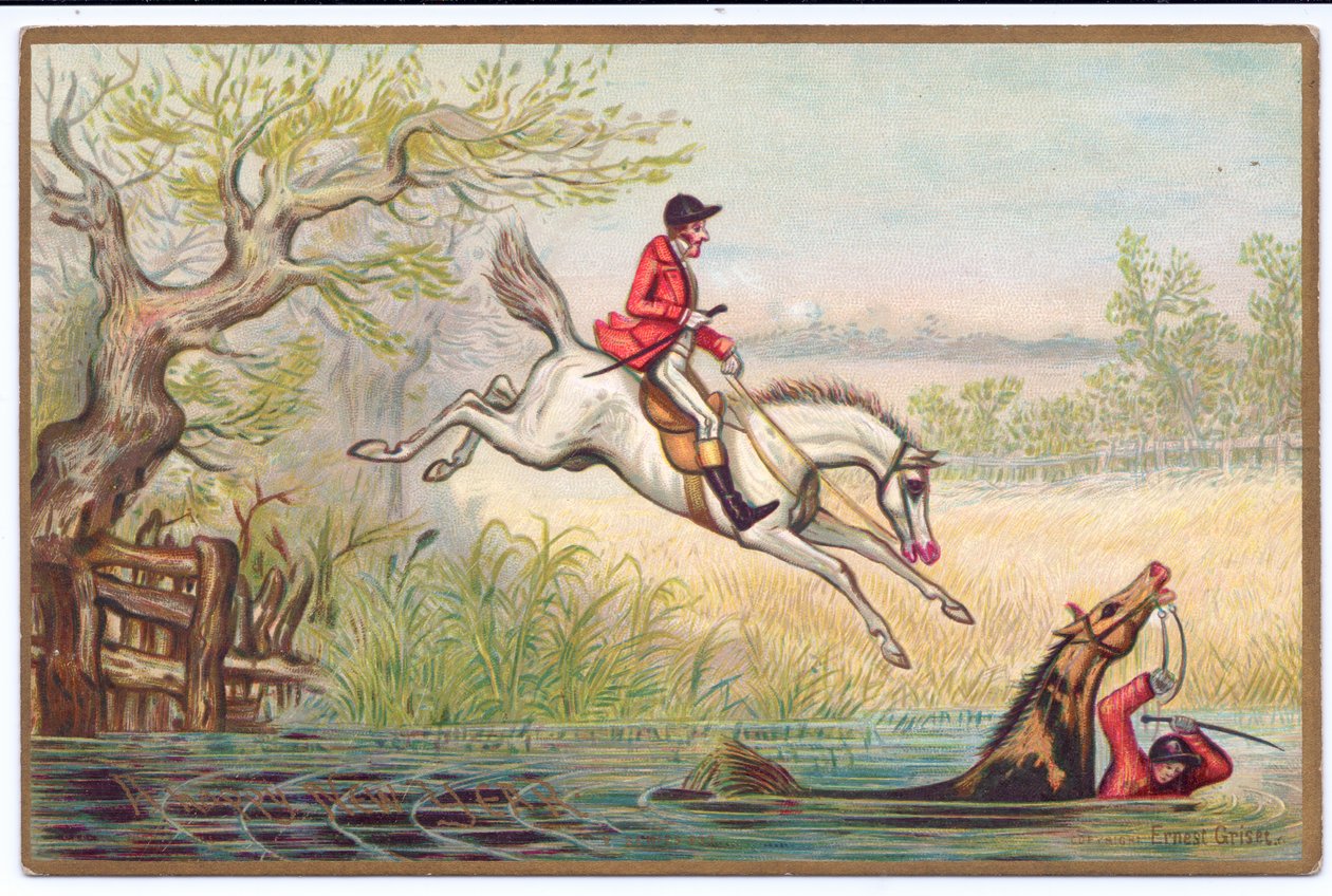 Um cartão de ano novo vitoriano de uma caça à raposa com um caçador e seu cavalo caindo no rio, cerca de 1880 de Ernest Henry Griset