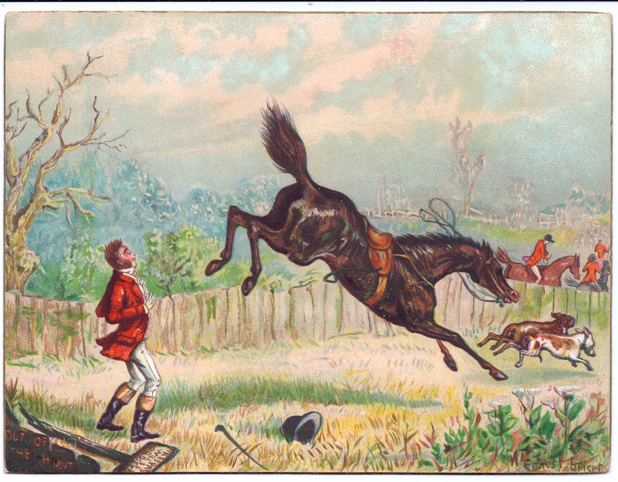 Um cartão vitoriano de uma caça à raposa com um cavalo solitário galopando, deixando o caçador encalhado, cerca de 1880 de Ernest Henry Griset