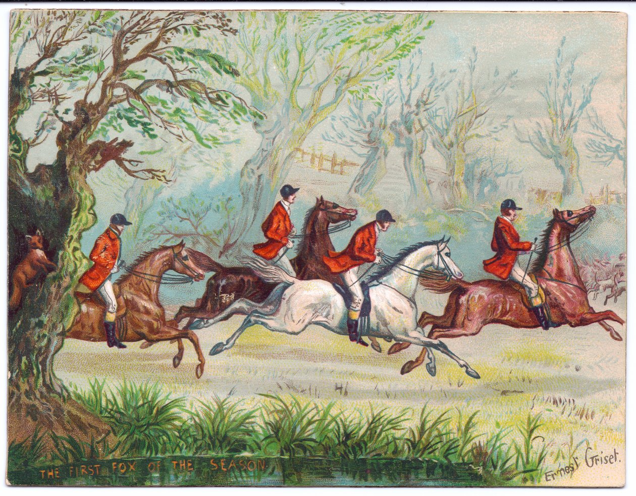 Um cartão vitoriano de caçadores de raposa correndo por enquanto a raposa se esconde em uma árvore, c.1880 de Ernest Henry Griset